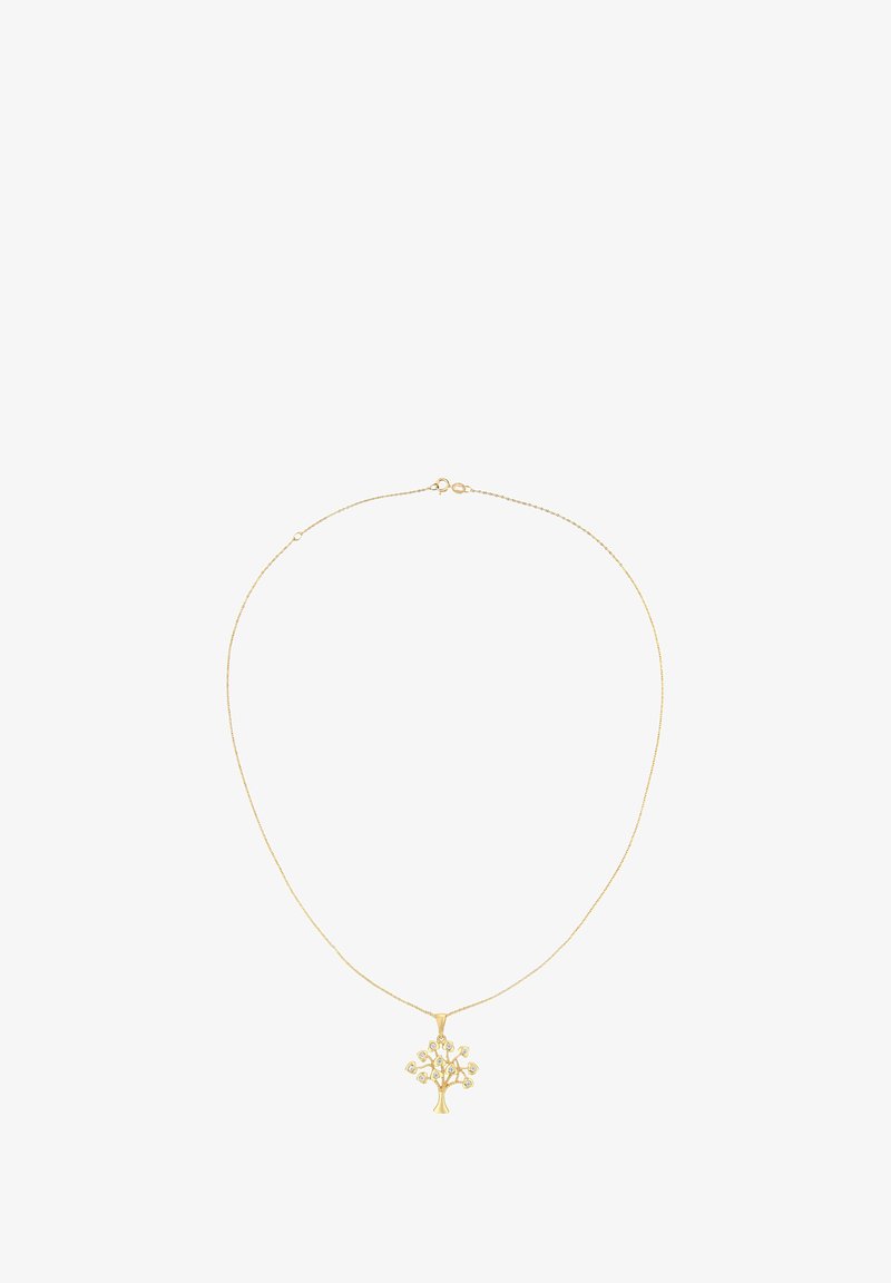 Guldsmykke med en delikat kæde og et livets træ vedhæng, der har små ædelsten på grenene.