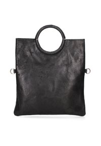 Zwarte leren tote bag met een ronde handgreep, minimalistisch ontwerp, gladde textuur en zilveren hardware accenten. Elegant en ruim.