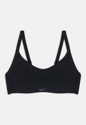 Melnas sporta krūšturis ar regulējamām siksnām, gluda auduma, ar Nike zilā logo centrā. Vienkāršs dizains bez polsterējuma vai rotājumiem.