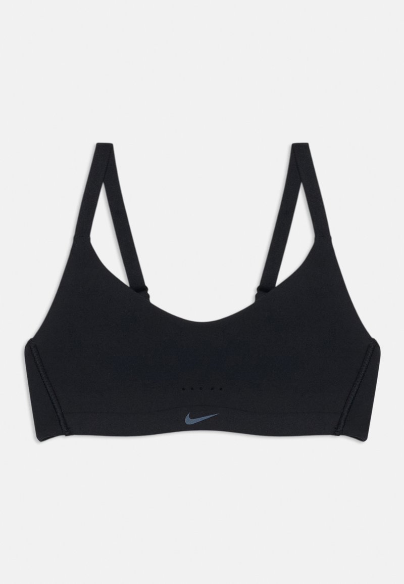 Crna sportska bralette s podešivim trakama, glatke tkanine, i Nikeovim plavim logotipom na sredini. Jednostavan dizajn bez jastučića ili ukrasa.