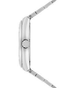 Reloj de acero inoxidable plateado con un perfil delgado, que presenta una corona redonda y una pulsera de eslabones, superficie lisa y diseño minimalista.