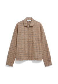 Bruine geruite jacket gemaakt van textuurstof, met een rits sluiting en een kraag. Rechte mouwen en een relaxte pasvorm.