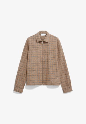 Bruine geruite jacket gemaakt van textuurstof, met een rits sluiting en een kraag. Rechte mouwen en een relaxte pasvorm.