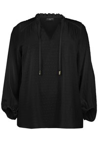 Blusa nera con un motivo testurizzato, scollatura a V asimmetrica, chiusura con coulisse e dettagli dorati, e maniche arricciate per un fit rilassato.