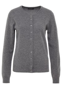 Cardigan en maille grise avec manches longues, encolure ronde et six boutons sur le devant. Texture douce avec poignets et ourlet côtelés.