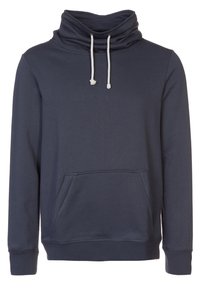 Sudadera azul marino con cuello alto y drapeado, bolsillo frontal y cordones ajustables. Textura suave con puños y dobladillo acanalados.