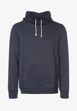 Felpa blu navy con colletto alto drappeggiato, tasca frontale e coulisse regolabili. Tessuto morbido con polsini e orlo a coste.