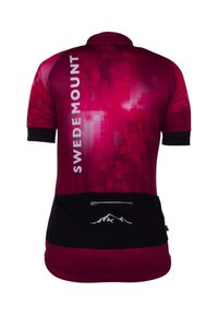 Maillot de cyclisme à manches courtes en dégradé de rouge et noir, avec un logo au dos et une poche zippée à la taille.