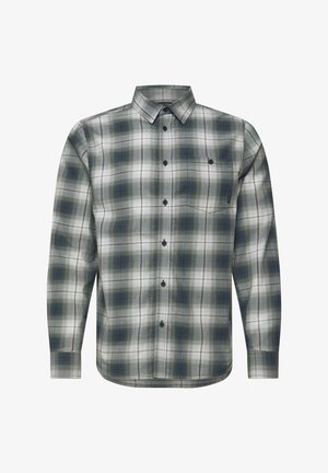 Chemise à manches longues à carreaux dans des tons de vert et blanc, en coton. Présente un col classique et une fermeture boutonnée avec des boutons noirs.