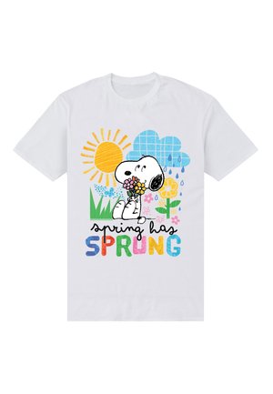 Snoopy holding flowers with sun, rain cloud, grass, and flowers around, text "spring has SPRUNG" in colorful letters on white shirt.