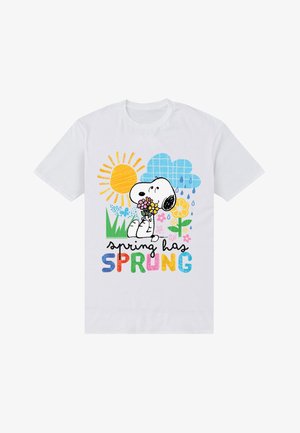 Snoopy holding flowers with sun, rain cloud, grass, and flowers around, text "spring has SPRUNG" in colorful letters on white shirt.