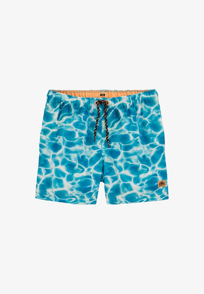 Maillots de bain avec un motif ondulé bleu, taille élastique avec intérieur orange, et cordon de serrage noir. Comprend une petite écusson logo.
