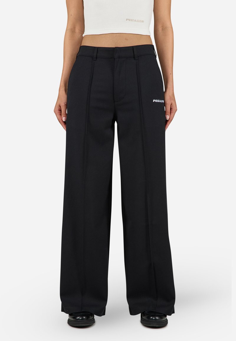 Black wide-leg trousers with pleats, made of a smooth fabric. Features a subtle logo on the front, and a classic waistband design.