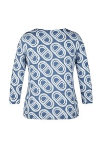 Langärmliges Oberteil aus blauer Stoff, mit einem sich wiederholenden ovalen Muster in Weiß und Hellblau. Glatte Textur mit einem runden Halsausschnitt.