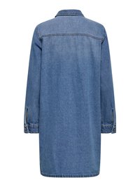 Denim shirt dress in light blue, featuring a collared neckline, long sleeves with button cuffs, and a straight hemline.