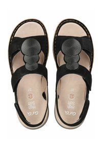 Sandali neri in suede con un design a tre cinturini, dettaglio a spirale e soletta imbottita. Taglia 37 riportata sulla pianta.