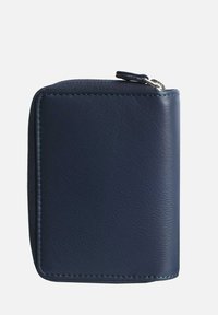 Navy leather wallet with a textured surface, zip closure, and rounded corners. Compact design for holding cards and cash.