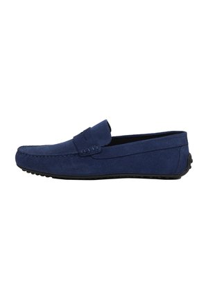Navy blue suede men's loafer with a stitched moc toe and black rubber sole.