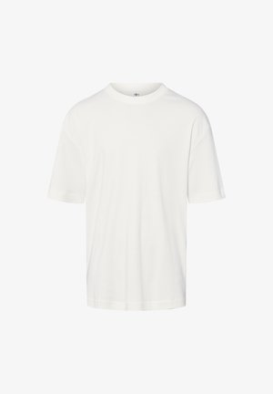 Plain white short-sleeve crew neck T-shirt with a relaxed fit, displayed on a white background.