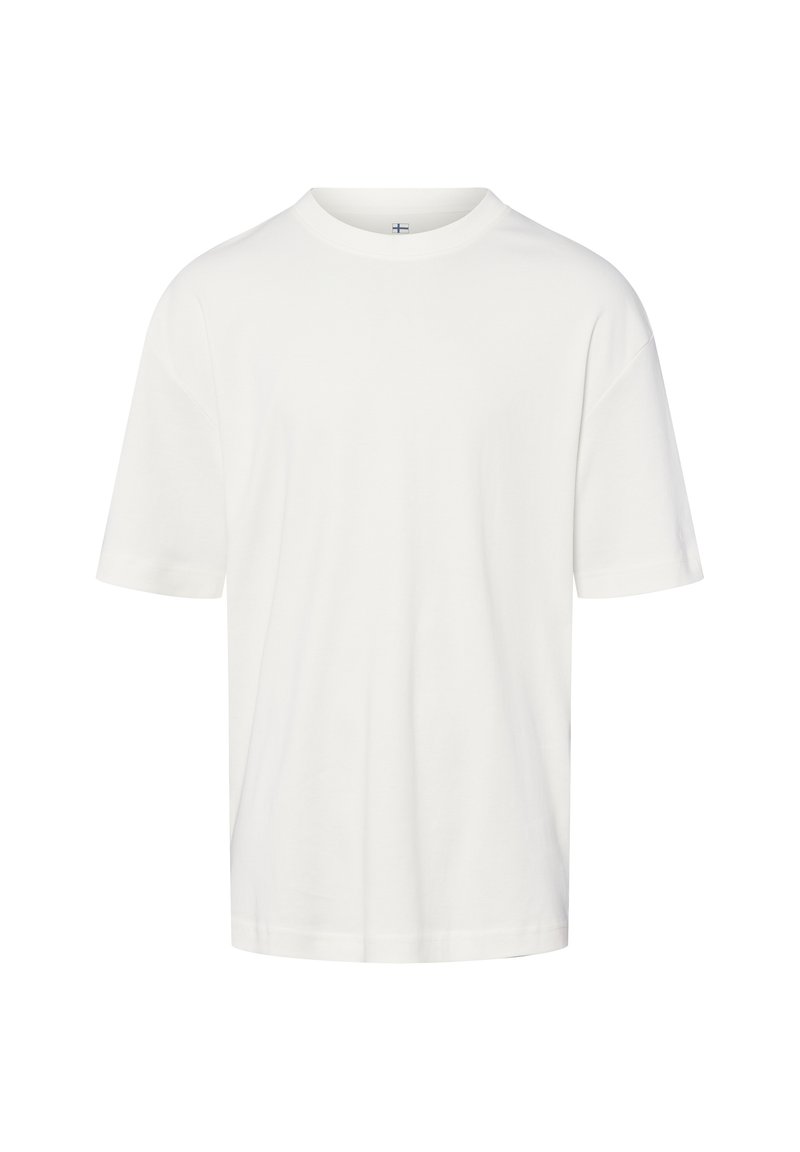 Weißes T-Shirt mit kurzen Ärmeln und Rundhalsausschnitt in lässiger Passform, auf einem weißen Hintergrund präsentiert.