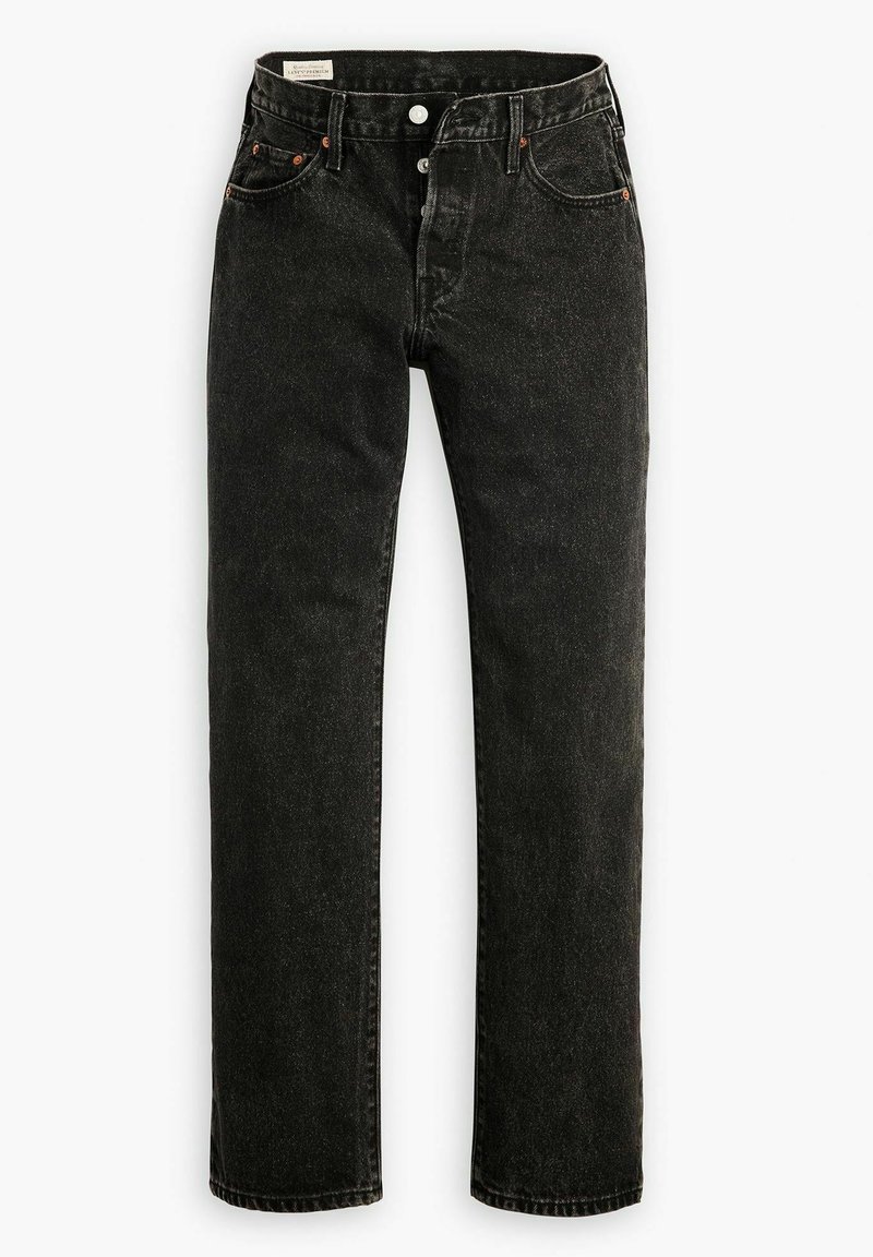 Schwarze Denim-Jeans mit geradem Schnitt, ausgestattet mit Fronttaschen, einem Knopfverschluss und orangen Nähten entlang der Nähte.