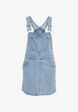 Robe salopette en denim bleu clair avec bretelles réglables, poches sur les côtés et une poche au dos. Texture lisse et design classique.