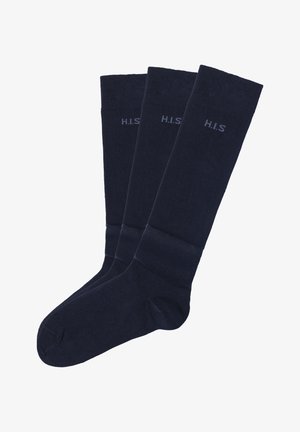 Knielange navy Socken aus geripptem Stoff mit H.I.S Logo in Grau, ausgestattet mit verstärktem Fersen- und Zehenbereich für zusätzliche Haltbarkeit.