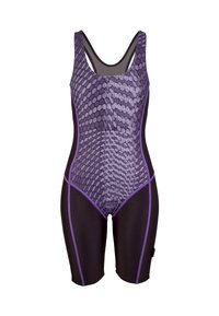 Maillot de bain violet et noir avec un motif hexagonal, présentant un design en maille, des bretelles doubles et des garnitures contrastées. Couverture complète jusqu'à mi-cuisse.