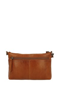 Brūns ādas plecu soma ar rāvējslēdzēja aizdari, plakanā taisnstūra forma, priekšējais kabata un sānu rāvējslēdzēja detaļa. Iespējas regulējams siksniņas garums.