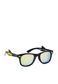 Black sunglasses featuring mirrored lenses, a glossy finish, and Batman logo accents on the arms. Classic square shape with angular tips.