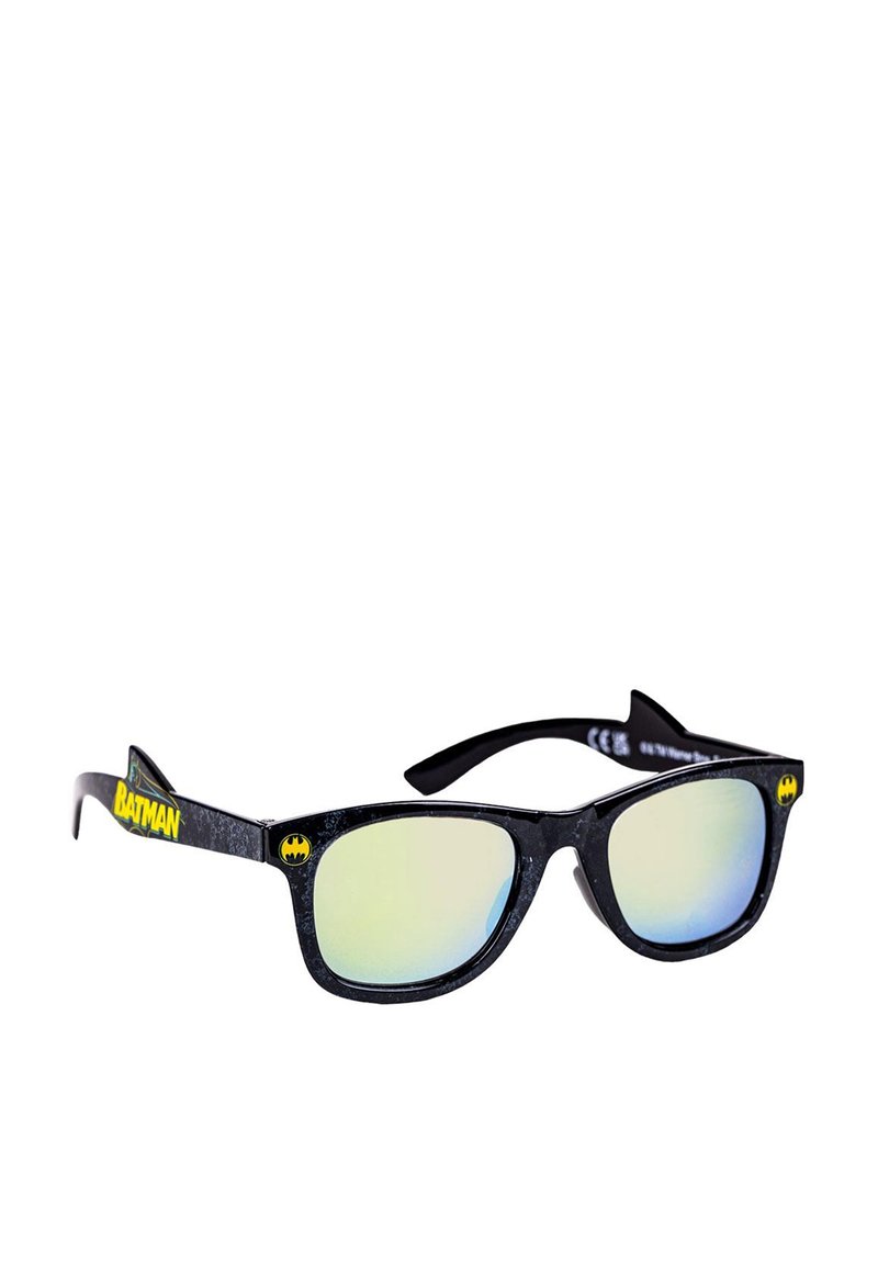 Black sunglasses featuring mirrored lenses, a glossy finish, and Batman logo accents on the arms. Classic square shape with angular tips.