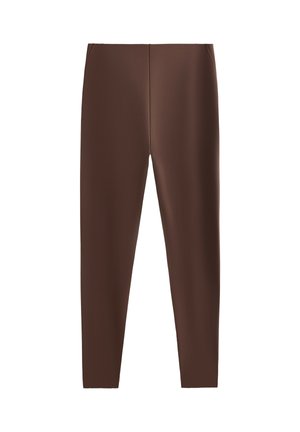 Brown fitted leggings made of stretchy material featuring a smooth texture and no visible patterns or hardware.