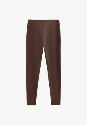 Brown fitted leggings made of stretchy material featuring a smooth texture and no visible patterns or hardware.