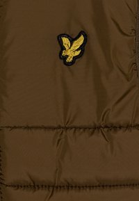 La giacca imbottita marrone presenta un design a cuciture orizzontali, con un logo di un'aquila gialla ricamato sull'area sinistra del petto.