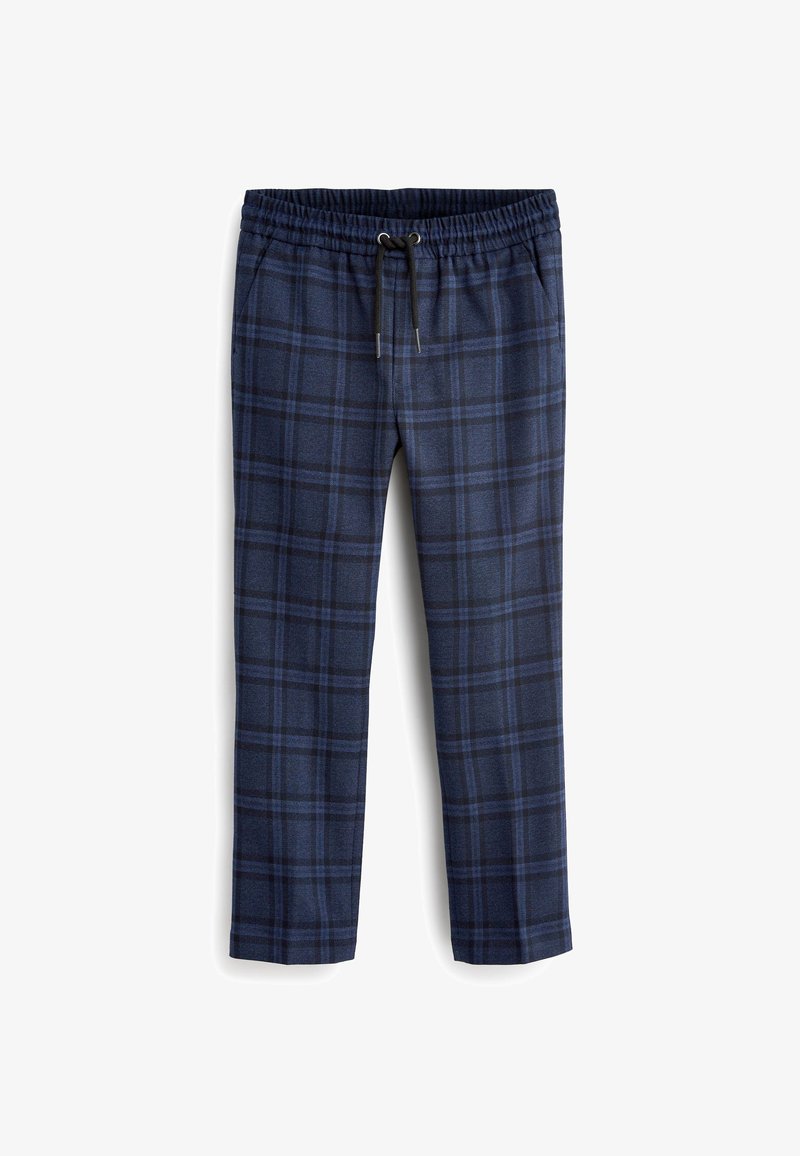 Navy blue plaid lounge pants with an elastic waistband, drawstring, and soft texture. Features a classic pattern in varying shades of blue and black.