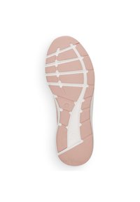 Light pink rubber sole with white accents, featuring a textured surface and distinct tread pattern for traction and flexibility.