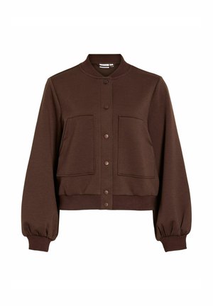 Veste bomber marron avec manches longues épaisses, deux grandes poches devant, fermeture par pressions, col et poignets côtelés.