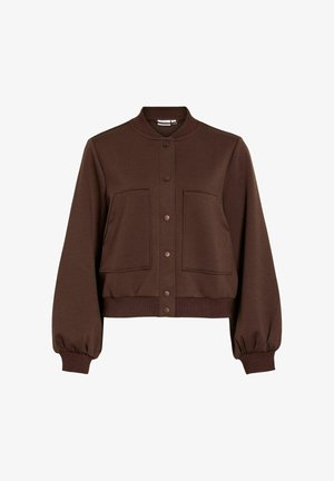 Smeđa bomber jakna s dugim naduvanim rukavima, dva velika prednja džepa, zatvaranje na drukere i rebrasti okovratnik i manšete.