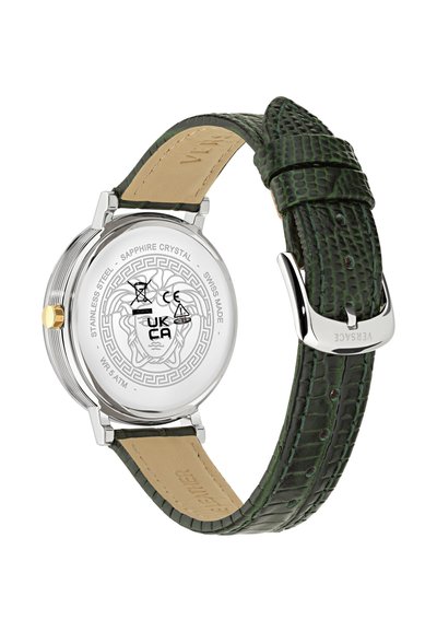 Dos de montre en argent avec tête de Méduse gravée, bracelet en cuir vert texturé et boucle en argent marquée Versace.