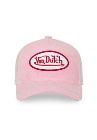 Gorra rosa con un acabado de ante suave, lados de malla blanca y un pico redondeado. Presenta un prominente logo bordado en rojo "Von Dutch" en la parte frontal.