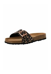 Sandale à glissière imprimée léopard noire et beige avec un pied en liège, une large lanière et une boucle en or rose. Semelle texturée pour une bonne adhérence.