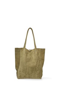 Grande borsa tote in suede verde oliva con due manici e una chiusura a loop semplice, mostrata su uno sfondo bianco.