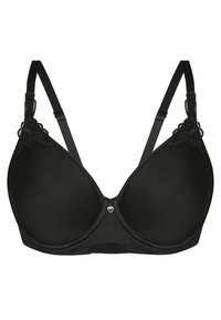 Black bra with padded cups, adjustable straps, and floral lace accents on the sides. Features a small heart-shaped hardware detail at the center.
