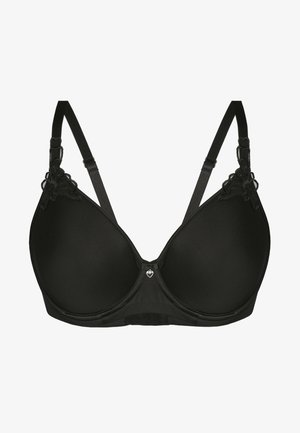 Schwarzer BH mit gepolsterten Cups, verstellbaren Trägern und floralen Spitzenakzenten an den Seiten. Mit einem kleinen herzförmigen Hardware-Detail in der Mitte.