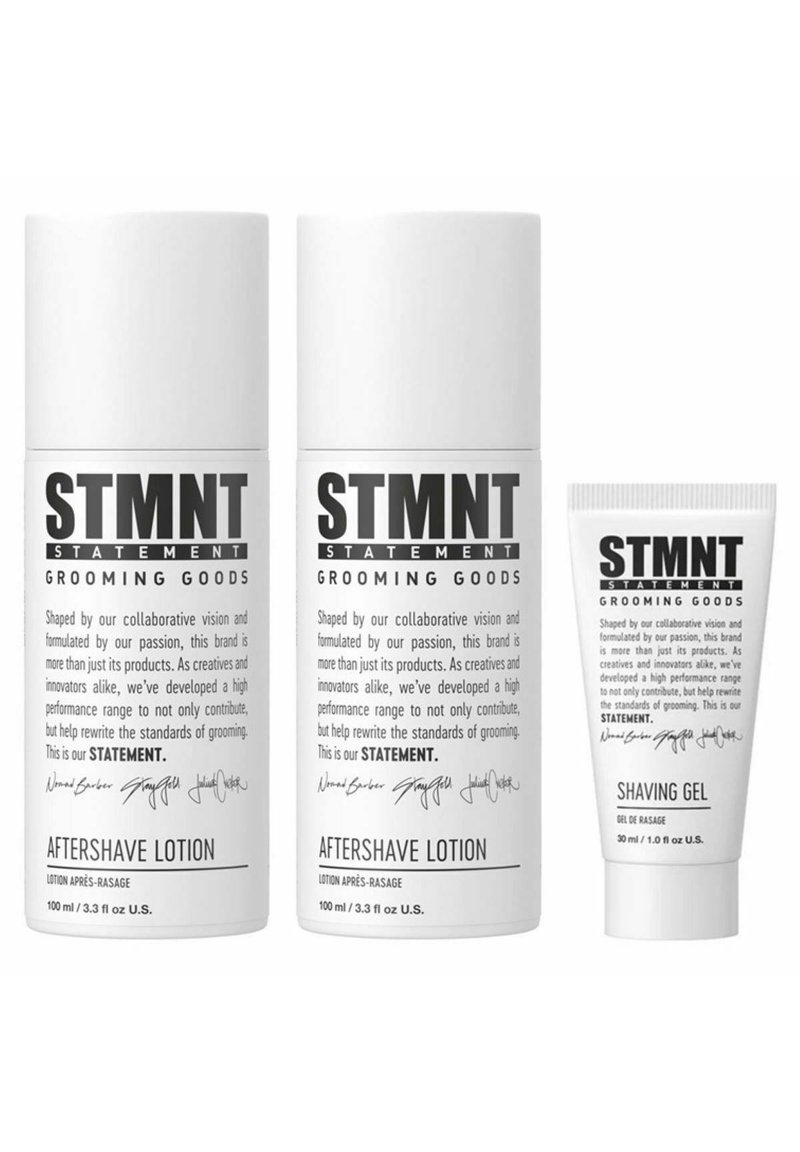 STMTN grooming goods set includes two white cylindrical aftershave lotion bottles and a small white tube of shaving gel, all labeled.