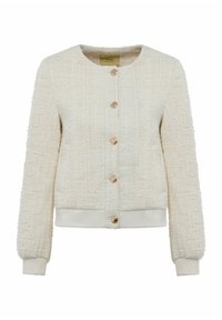 Kremowa kurtka z teksturowanej tkaniny, o okrągłym dekolcie, złotych guzikach i elastycznych mankietach. Posiada wzór tkany oraz prążkowany dół.