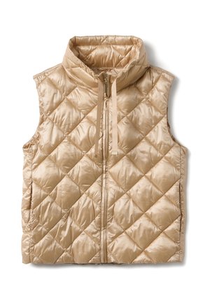 Veste sans manches matelassée beige avec fermeture éclair à l'avant et col montant muni de cordons, présentée sur un fond blanc.