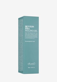 Rektangulär teal-färgad förpackning för Benton PHA Peeling Gel, med vit text och blank yta. Innehåller 70 ml produkt.