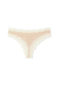 Leopardenmuster-Tanga mit cremigen Spitzenakzenten, der wellenförmige Kanten und eine weiche Textur aufweist. Beige- und hellrosafarbene Töne dominieren das Design.