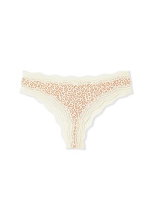 Leopard-print thong with creamy lace trim, featuring wave-patterned edges and a soft texture. Beige and light pink shades dominate the design.
